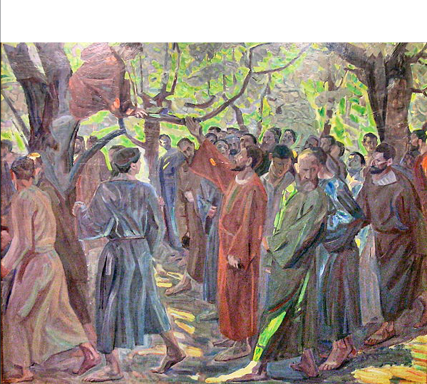 Pintura de Zaqueo en un árbol y Jesús llamándolo